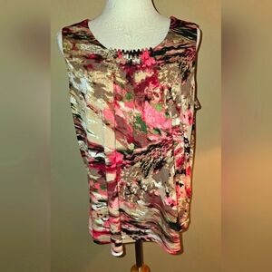 Kasper Womens Sleeveless Pink/Brown/Burgundy/Green Abstract Print Blouse XL